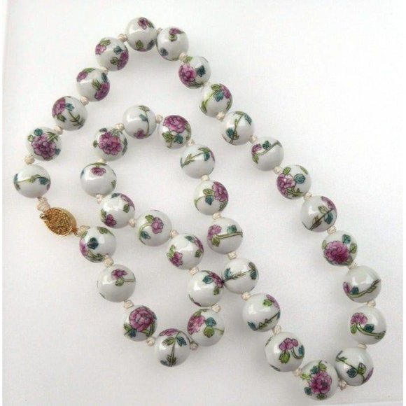 Hand-Painted Ceramic Floral Bead Necklace With Gold-Tone Filigree Clasp 26" - Picture 7 of 9